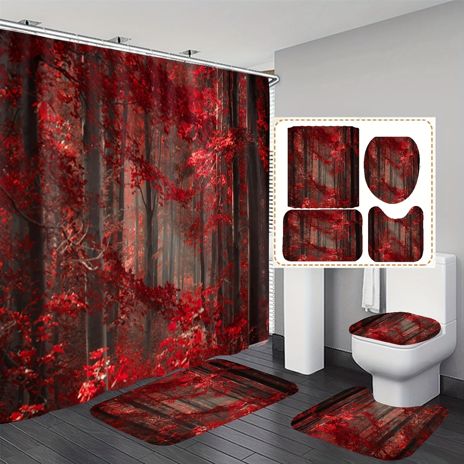 

Mystical Red Forest Bathroom Four-Piece Set - Featuring a Stunning Design with Deep Red Leaves and Dark Trees, Perfect