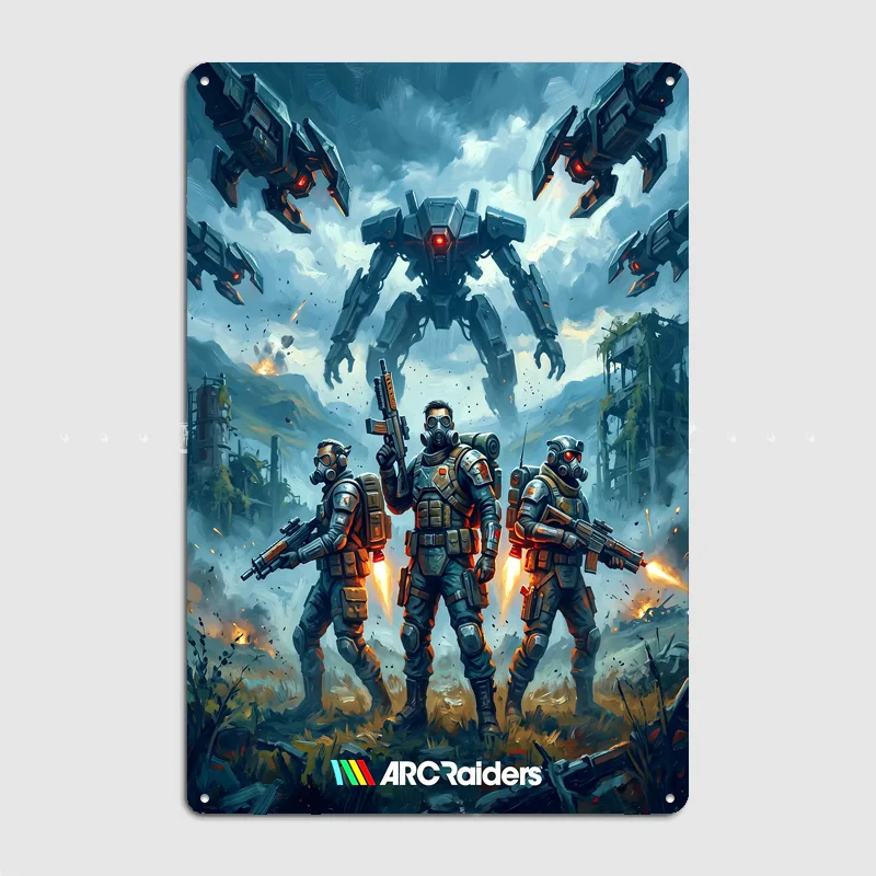 ARC Raiders Soldiers Facing Giant Mech Metal Posters Sign Bar Custom Bedroom Indoor Wall Decor Tin Room Decoration Home Decor