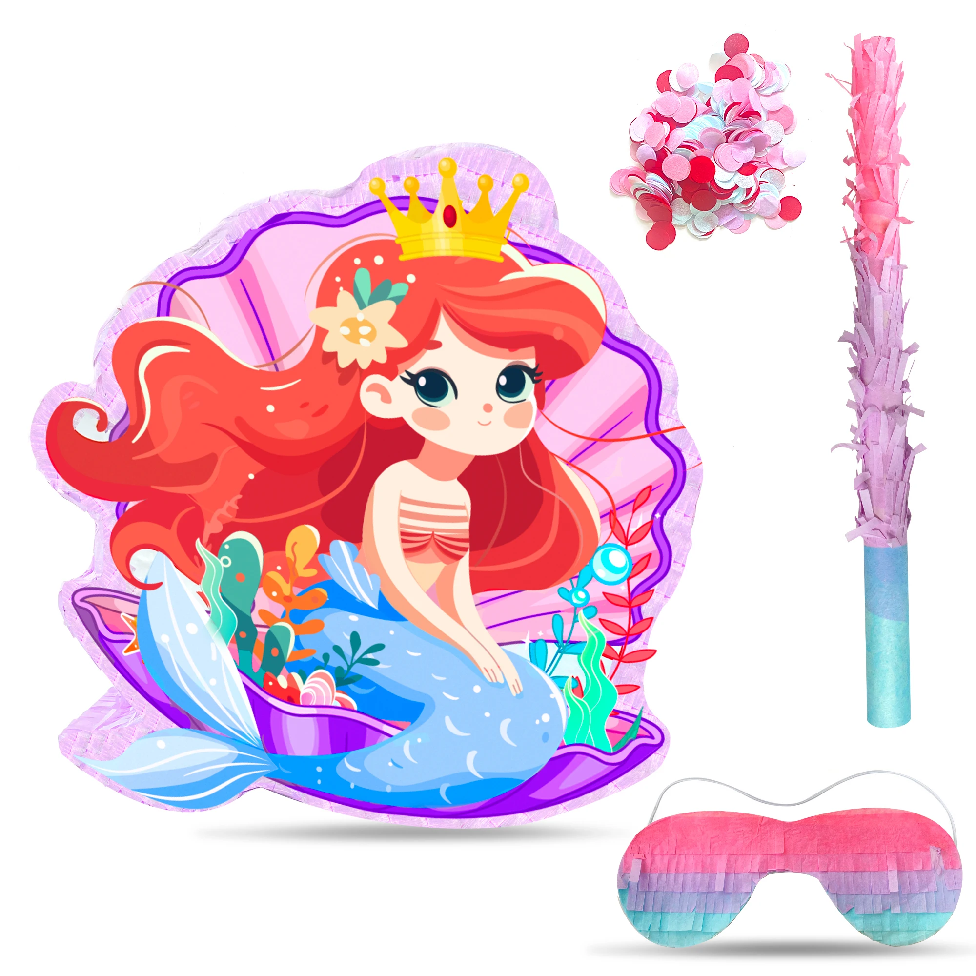 Set de Piñata de Sirena de 13.6'' - Piñata de Sirena Grande, Antifaz y Palo para Piñata, etc. Artículos de Fiesta de Piñata de Sirena para Niños