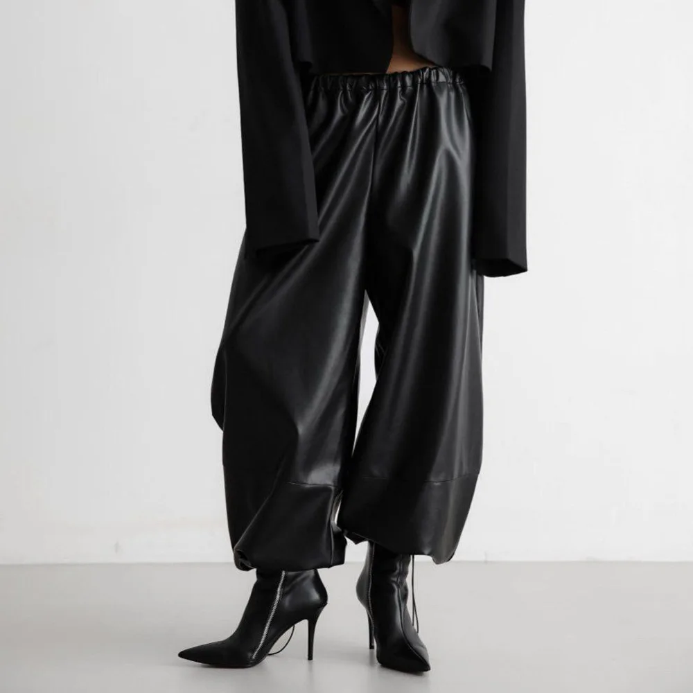 Women's Leather Pants with Drawstring and Tapered Cuffs New Style for Autumn and Winter 2025 Loose Fit.