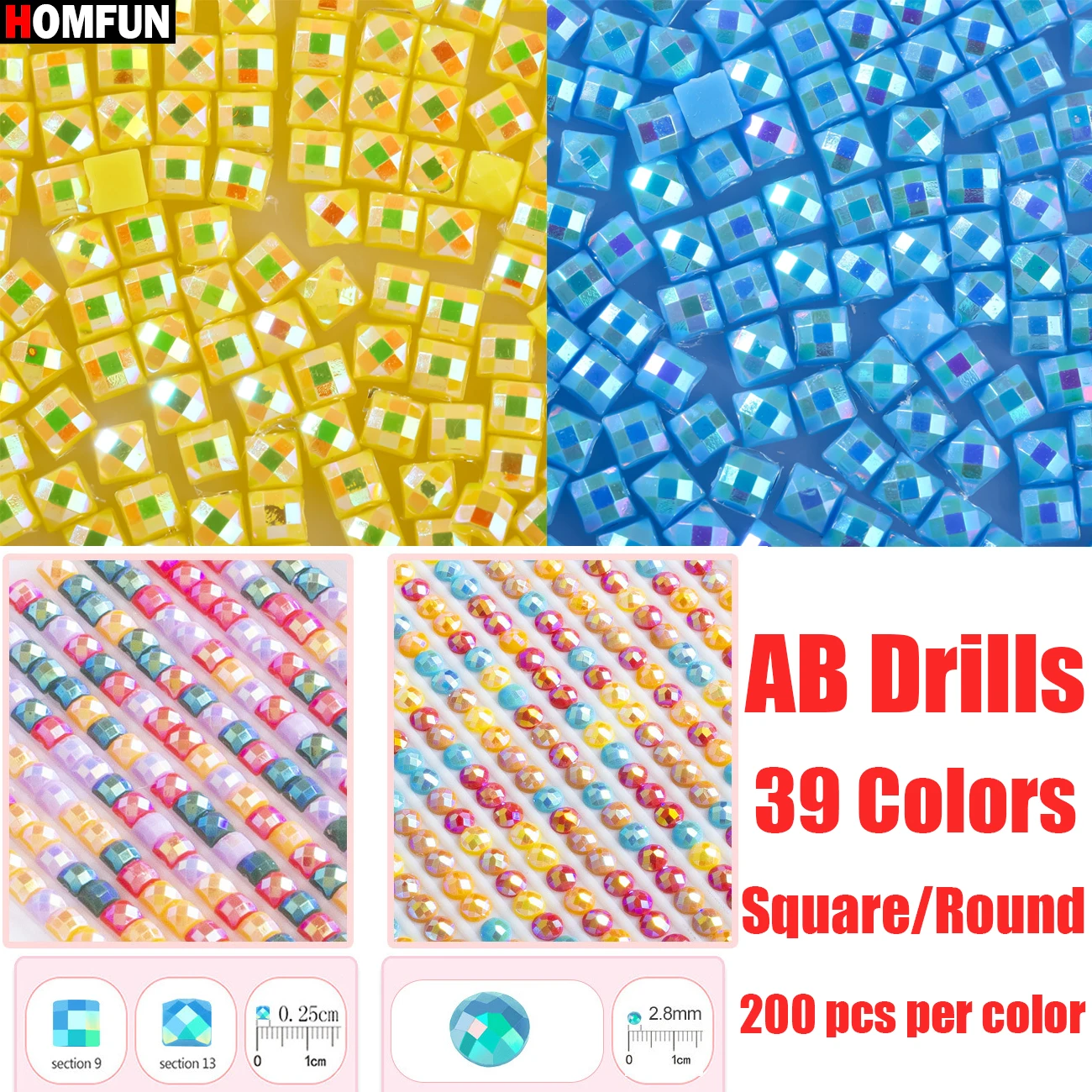 HOMFUN 39 Colors AB Drills DIY Diamond Painting Square/Round Resin Embroidery Crystal Beads Accessories Art AB Colorful Beads
