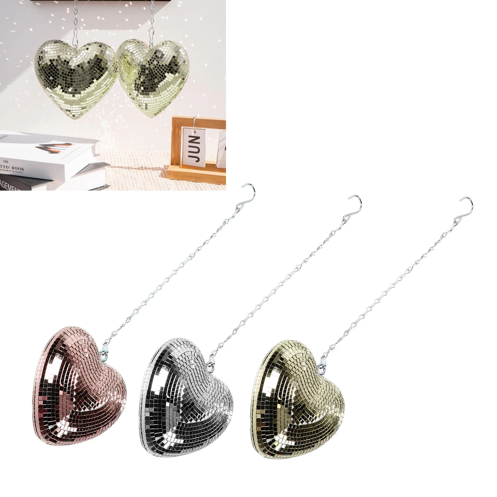 

Heart Shaped Mirror Ball Shiny Decorative Reflective Mirror Ball Ornament with Hook Chain for Party KTV Mirror Ball Ornament
