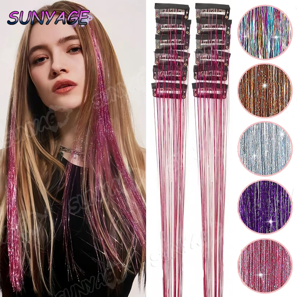 وصلات شعر صناعية مستقيمة بمشبك، هدية حفلات الكريسماس، ملحقات نسائية متعددة الألوان، 12 قطعة، عبوة