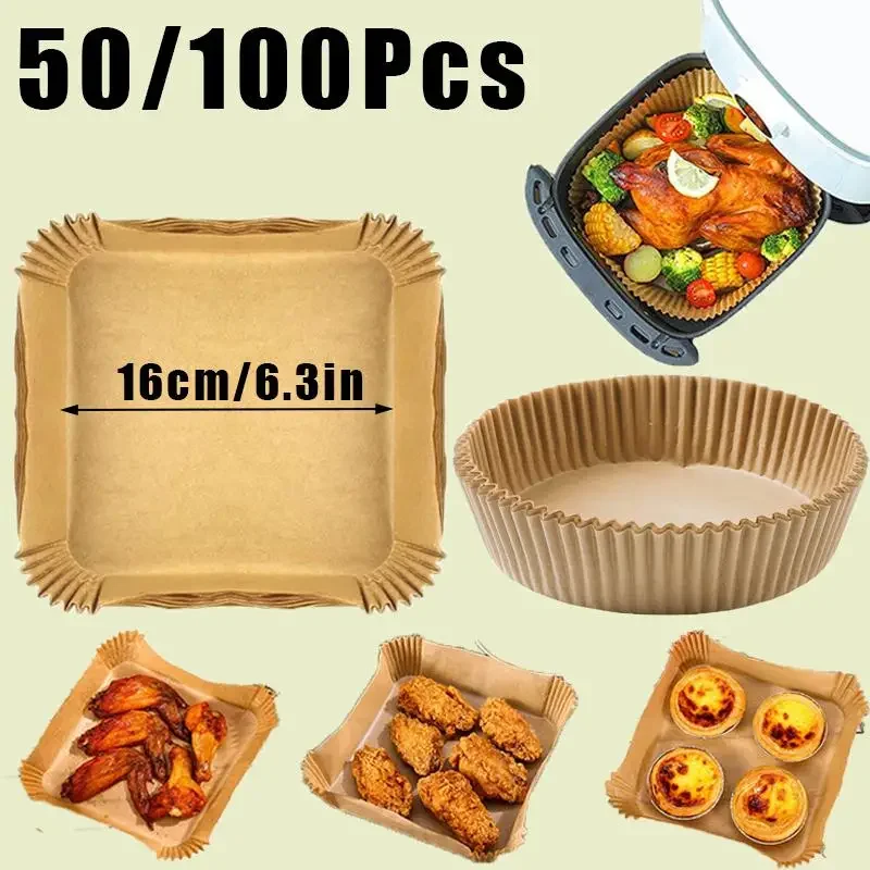 50/100PCS Non-Stick Air Fryer Bakeware Disposable Paper Tray Mat Baked Silicone Paper Square Round Air Fryer Accessories