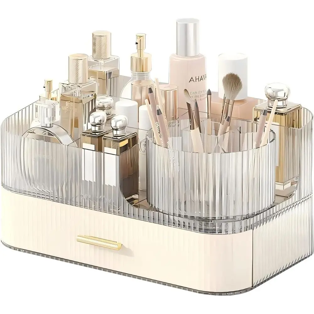 

Органайзер для косметики с выдвижными ящиками и вращающимся держателем для кистей, большой вместительный, штабелируемый, для столешницы, для ванной комнаты