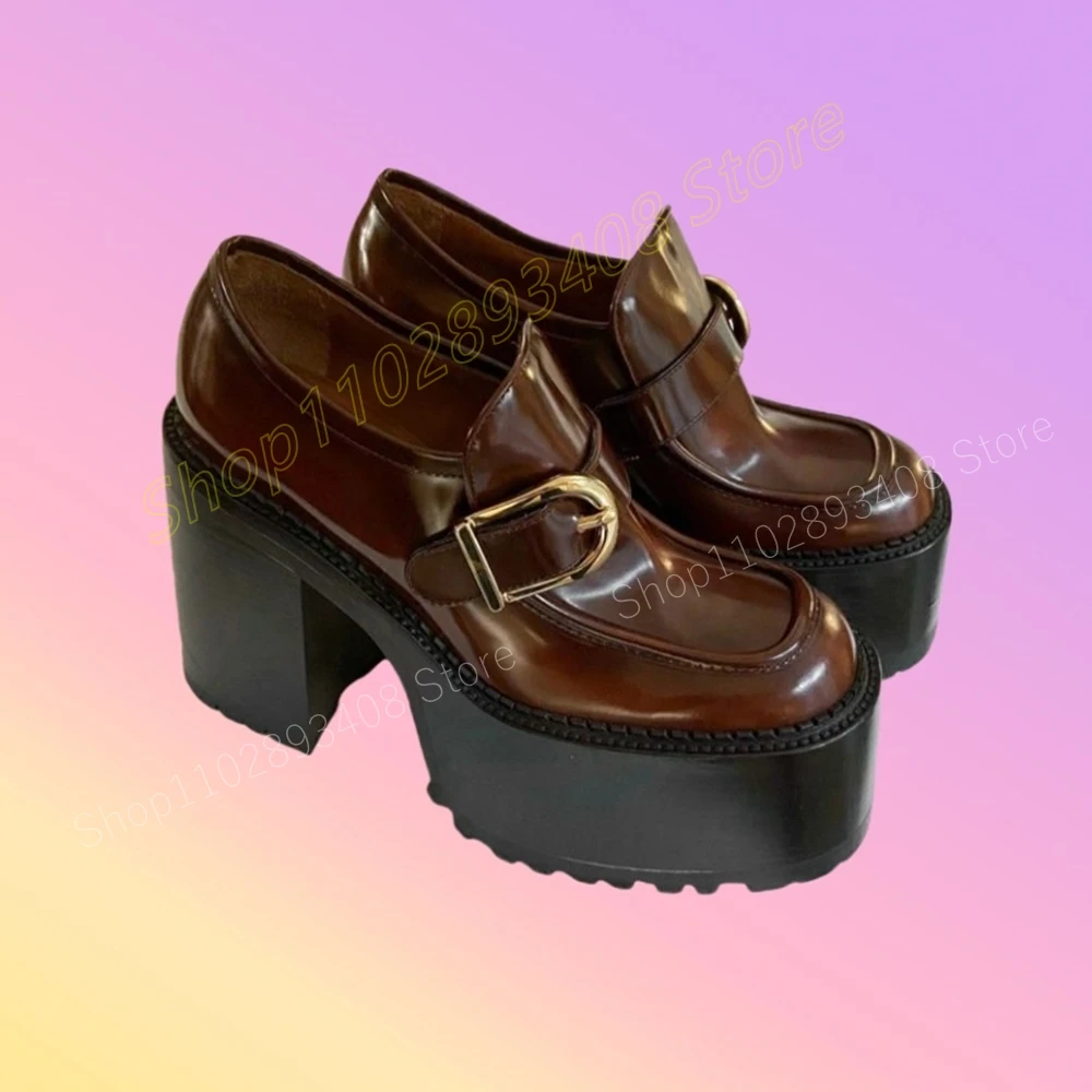 Brown Round Toe Buckle Belt Pumps Cute Mary Janes Patent Leather Platform Thick Soled Fashion Sexy Women Shoes 2024 Para Mujere