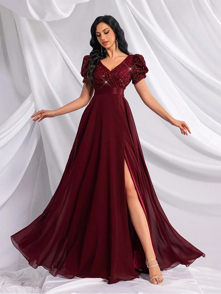 Vestido de noche de lujo con cuello en V de manga corta para mujer, vestido de dama de honor de lujo, vestido de graduación largo hasta el suelo, banquete rojo vino