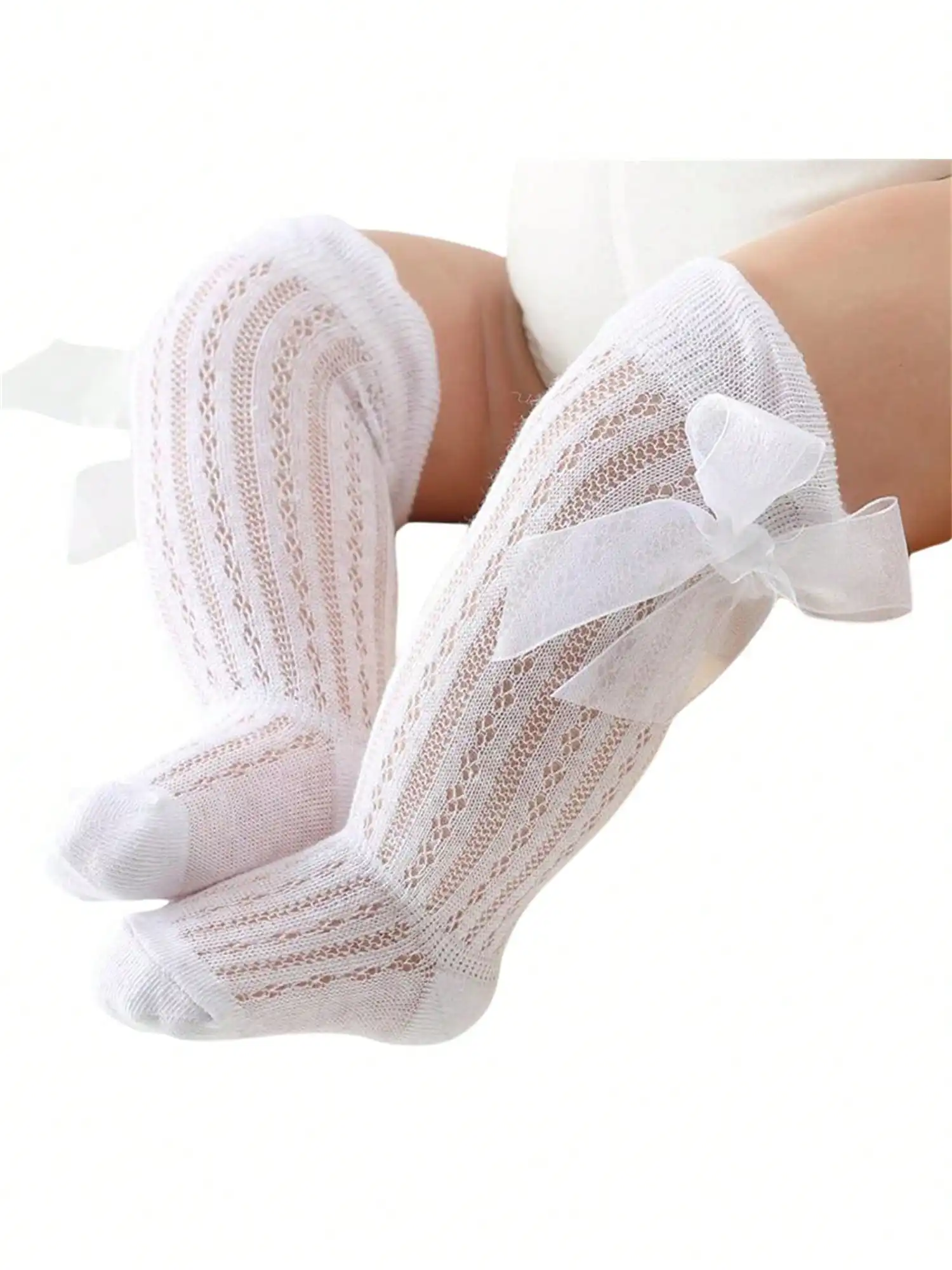 

Baby Girl Knee High Socks with Bowknot, Breathable Lace Knit, Soft Cotton Blend for Princess Outfits