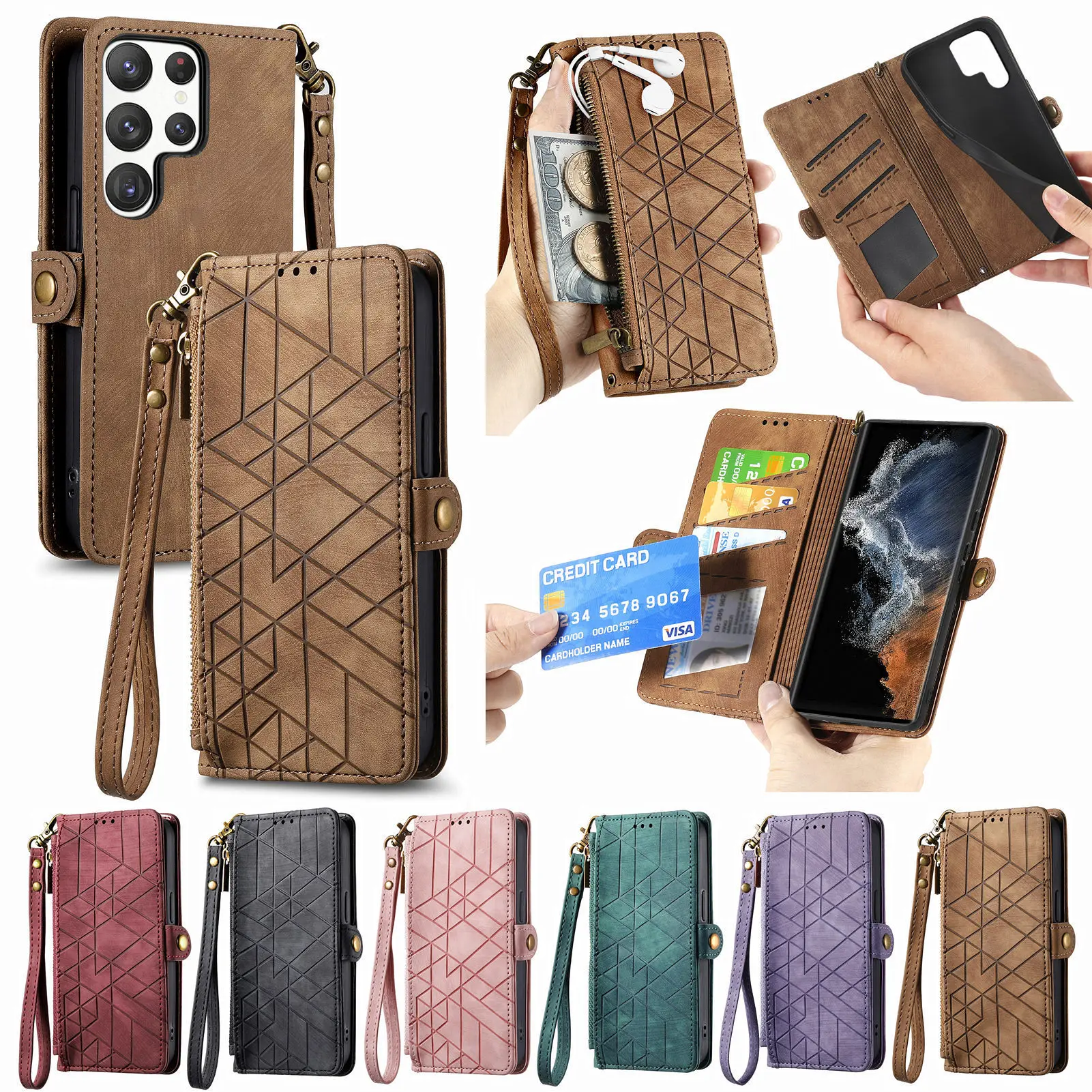 

New model artificial leather case for Samsung A36 mobile phone - creative geometry A56 strap - A17 flip cover shell