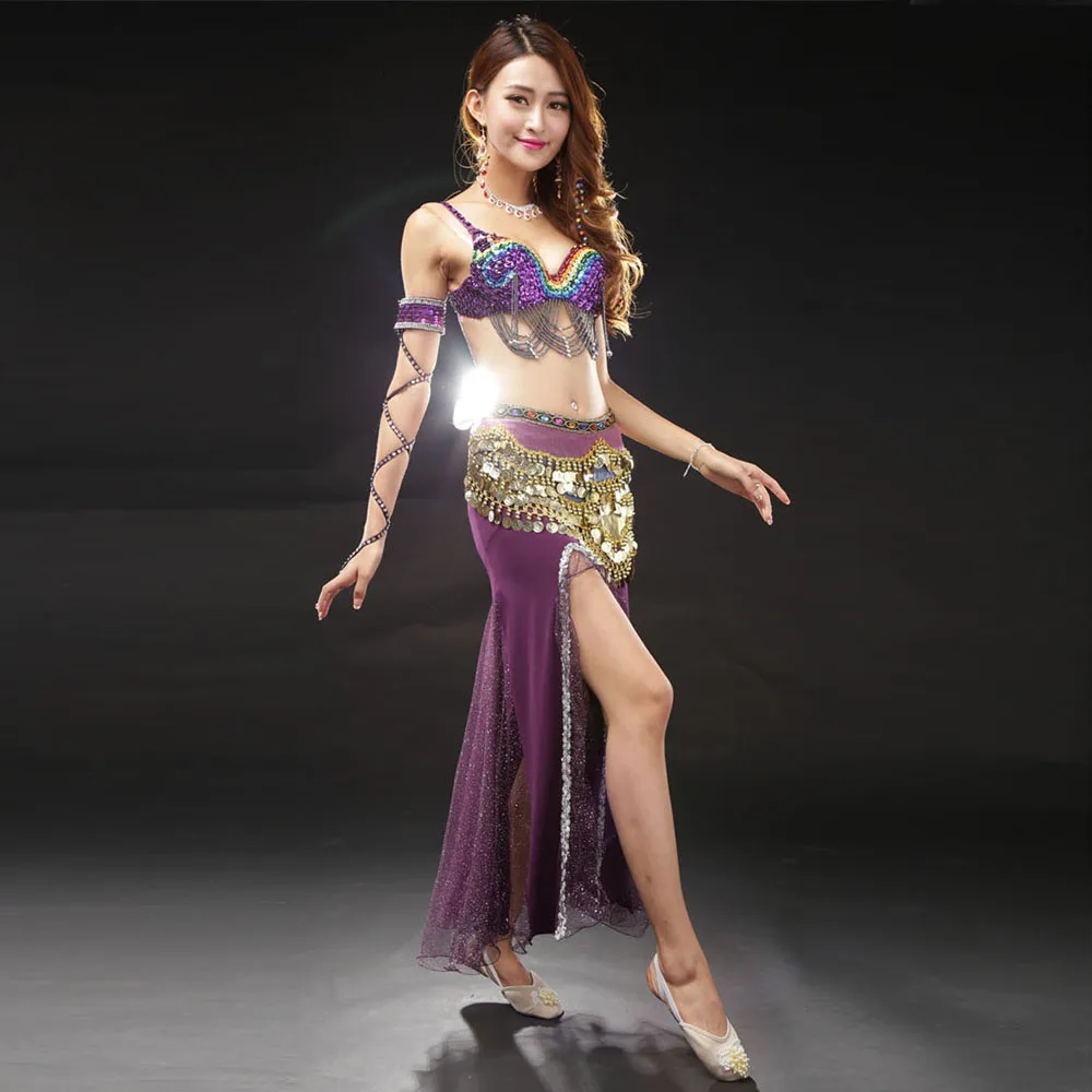 Aangepaste buikdanskostuums kleurblokken beha sexy high-end prestatiejurk volwassen buikdansen podiumpakset