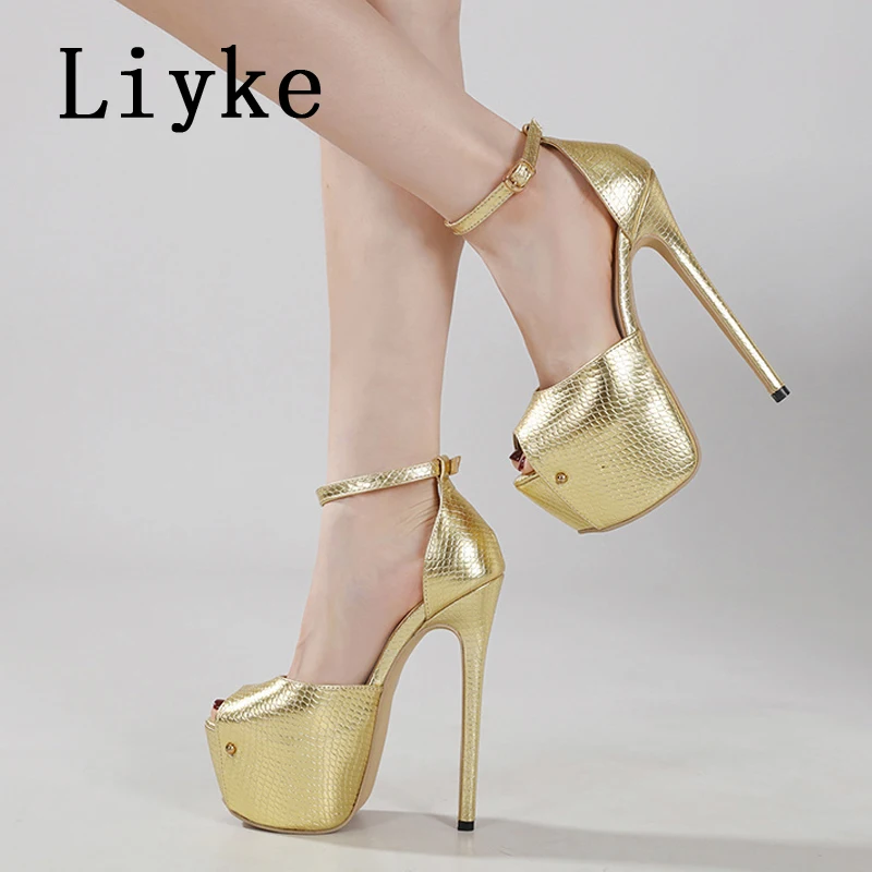 Liyke Elegant Women Wedding Party Prom Shoes Sexy Gold Snake Print Leather Peep Toe Platform High Heels Pumps Sandals Size 35-42