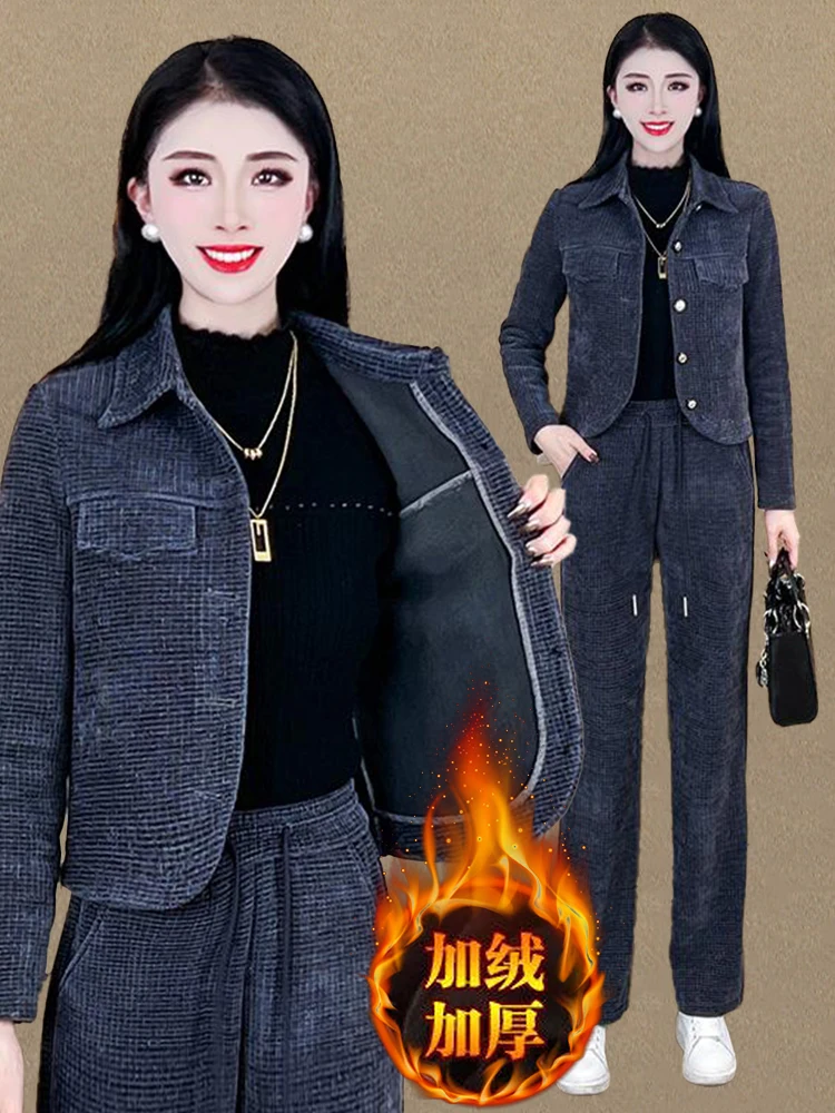 

Осень/зима 2022, новый плюшевый утепленный пригородный комплект, женское облегающее модное пальто с воротником с лацканами + прямые брюки