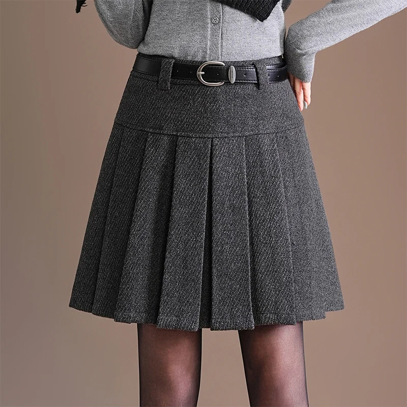 

High Waist Woolen Skirt Women's A-Line Skirt ey Polyester Fiber Bicolor Pleated Skirt Winter 2025 Faion Trend