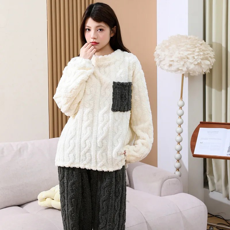 Patchwork Pocket Women Coral Fleece Pajama Set Fall Winter Thermal Underwear Loungewear Pullovers Loose Home Wear Sleepwear Set