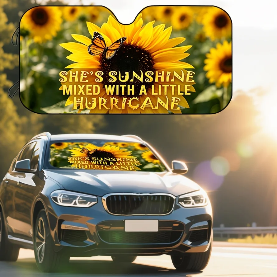 Retractable Car Sun Visor With Sunflower & Butterfly & Motivational Quotes - UPF Sun Protection Shield, Heat Insulation Visor Su