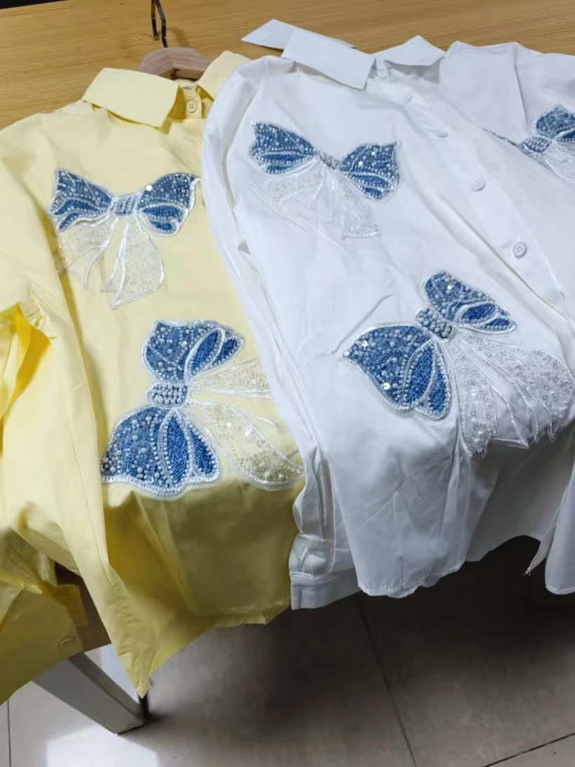 مشاعل مطرزة تصميم فاخر قمصان وبلوزات ملابس نسائية قمصان ملابس كورية شعبية أزرار حتى قميص نسائي طويل