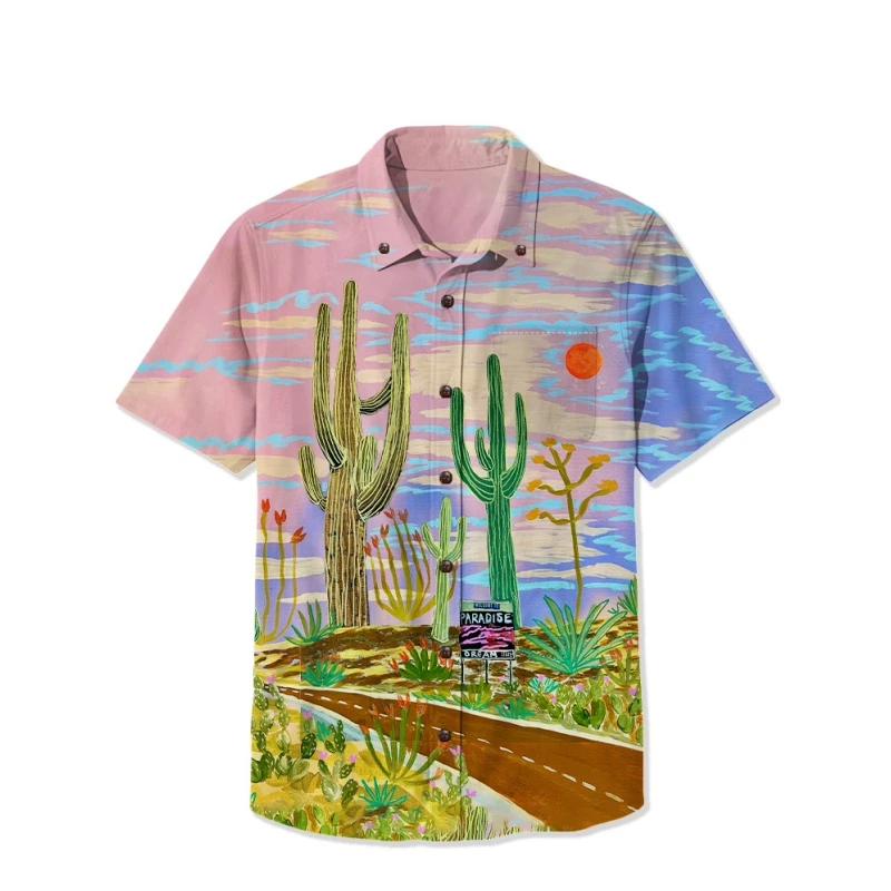 Camisas hawaianas con estampado 3D de Cactus del desierto para hombre, blusa informal holgada con botones de solapa, moda de verano