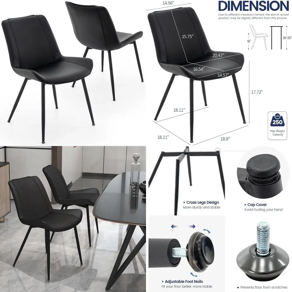 

пара современных обеденных стульев без подлокотников из искусственной кожи с мягкими сиденьями и металлическими ножками.