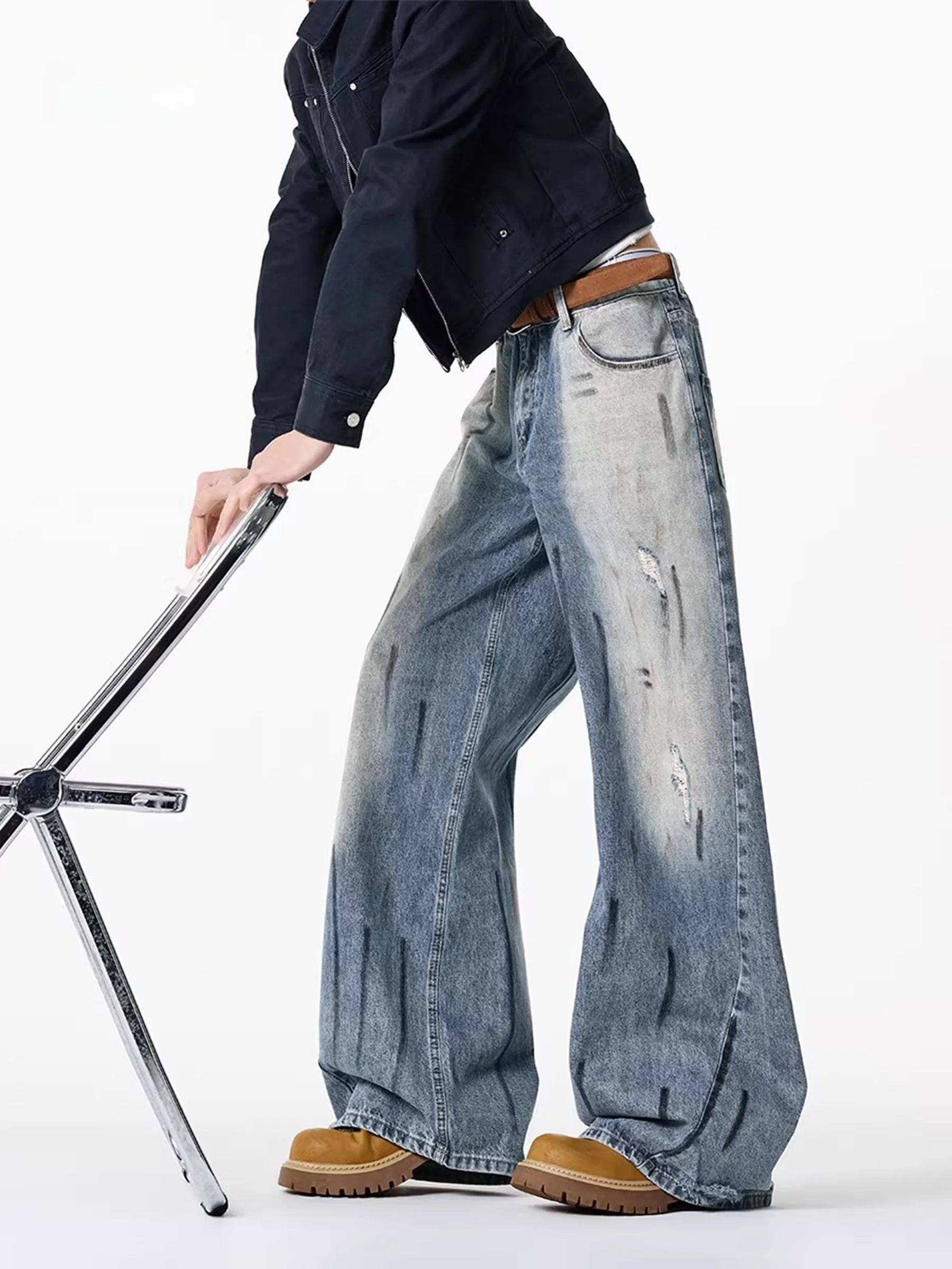 

American Graffiti Style Distressed Washed Loose Wide Leg Jeans Casual Summer Denim Trousers for Men And Women