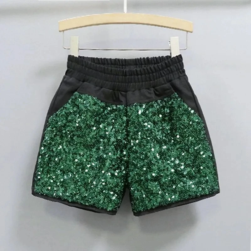 2025 Primavera/Estate Nuovi pantaloncini elastici in vita moda scintillante Discoteca socialite Pantaloni caldi in tre parti Tendenza donna