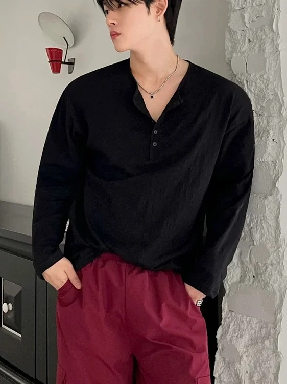 Loose Fit Long Sleeve T-Shirt Men's Linen Silk Half Open Collar Breathable Sunshade Cover Cool Feeling American Style  C...