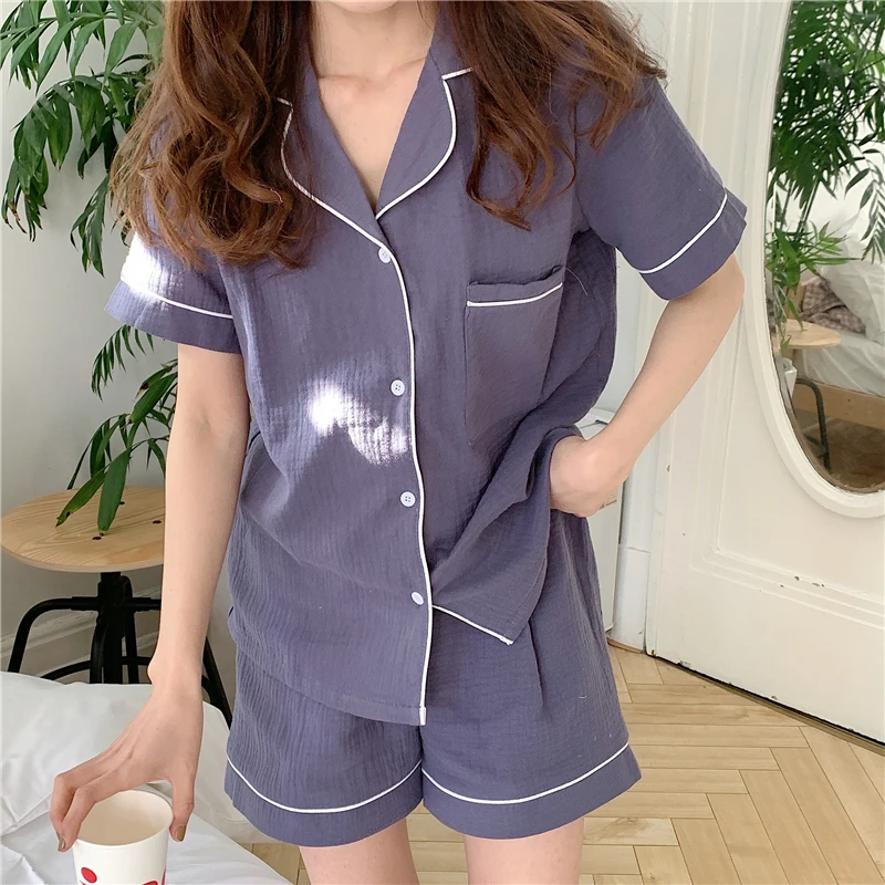 Solid Single Breasted Shirts + Shorts Suit Women Cotton Two Piece Pajamas Set Casual Loose Pocket Sleepwear Home Suit Purple