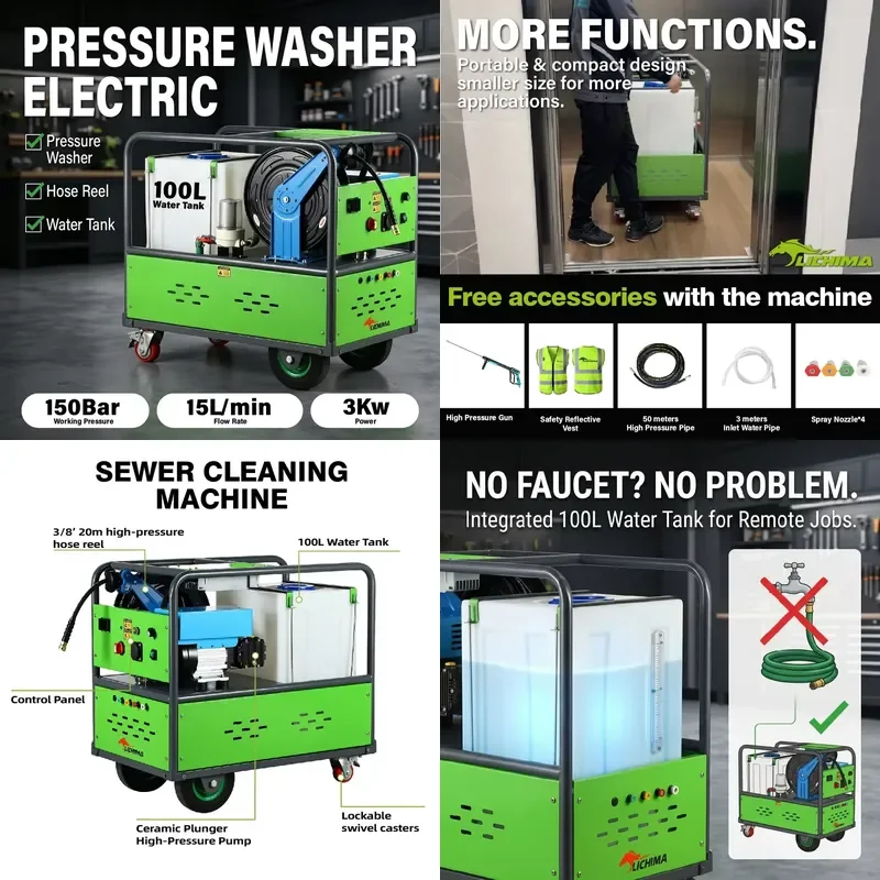 for 3KW 150Bar Industrial Electric High Pressure Washer 15L/min with 100L Water Tank Sewer Flush