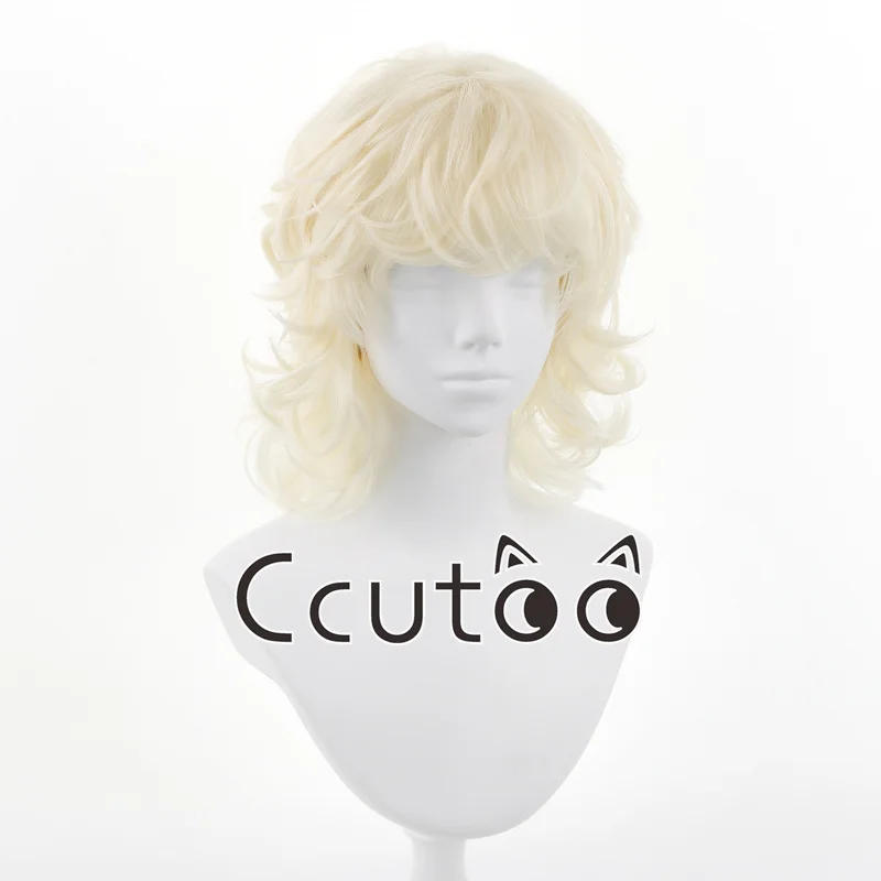 Men Short Curly Blonde Beige Wig with Bangs Fluffy Cosplay Wigs Synthetic Hair Heat Resistant Wig for Daily Halloween Party Play