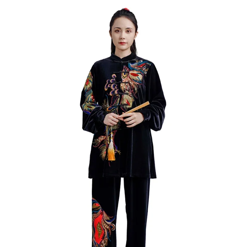 Kun Master Thicken Velvet Taichi Uniform Elegant Winter Martial Arts Suit Embroidery Kung Fu Clothes Taiji for Women