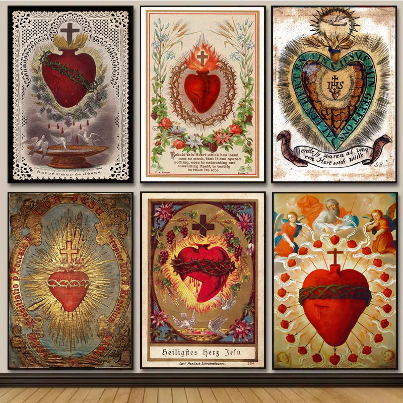 Pintura en lienzo del Sagrado Corazón de Jesús, póster artístico de María Sagrado Corazón e impresión de imagen artística de pared para sala de estar, decoración del hogar, Cuadros