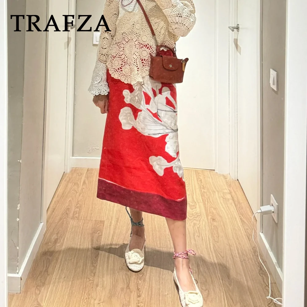 

TRAFZA Vintage Women Casual Spring Streetwear Skirt Red Split Dress Long Flower Loose Ladies Fashion 2025 Chic Straight Skirt
