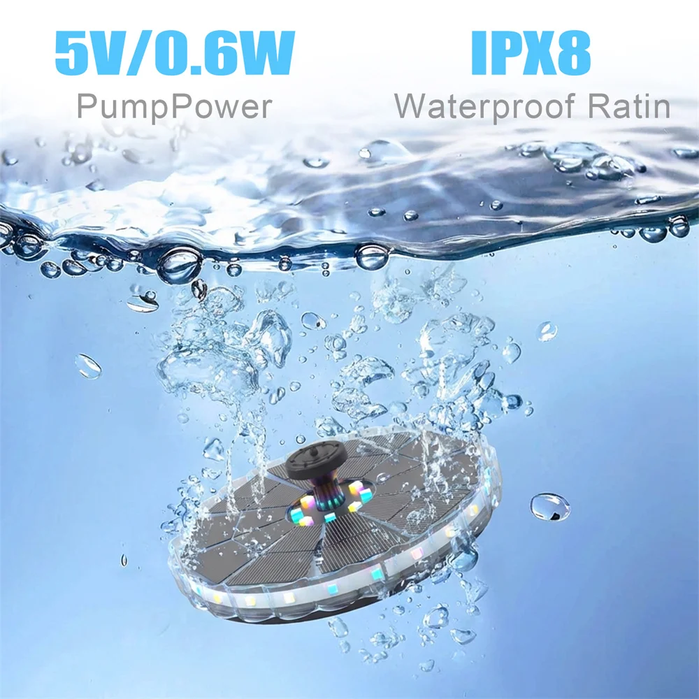 3.5W Solar Fountain 1800mAh Battery Solar Water Pump with Colorful LED Lights&8 Nozzles Suitable for  Bird Bath Garden Pond