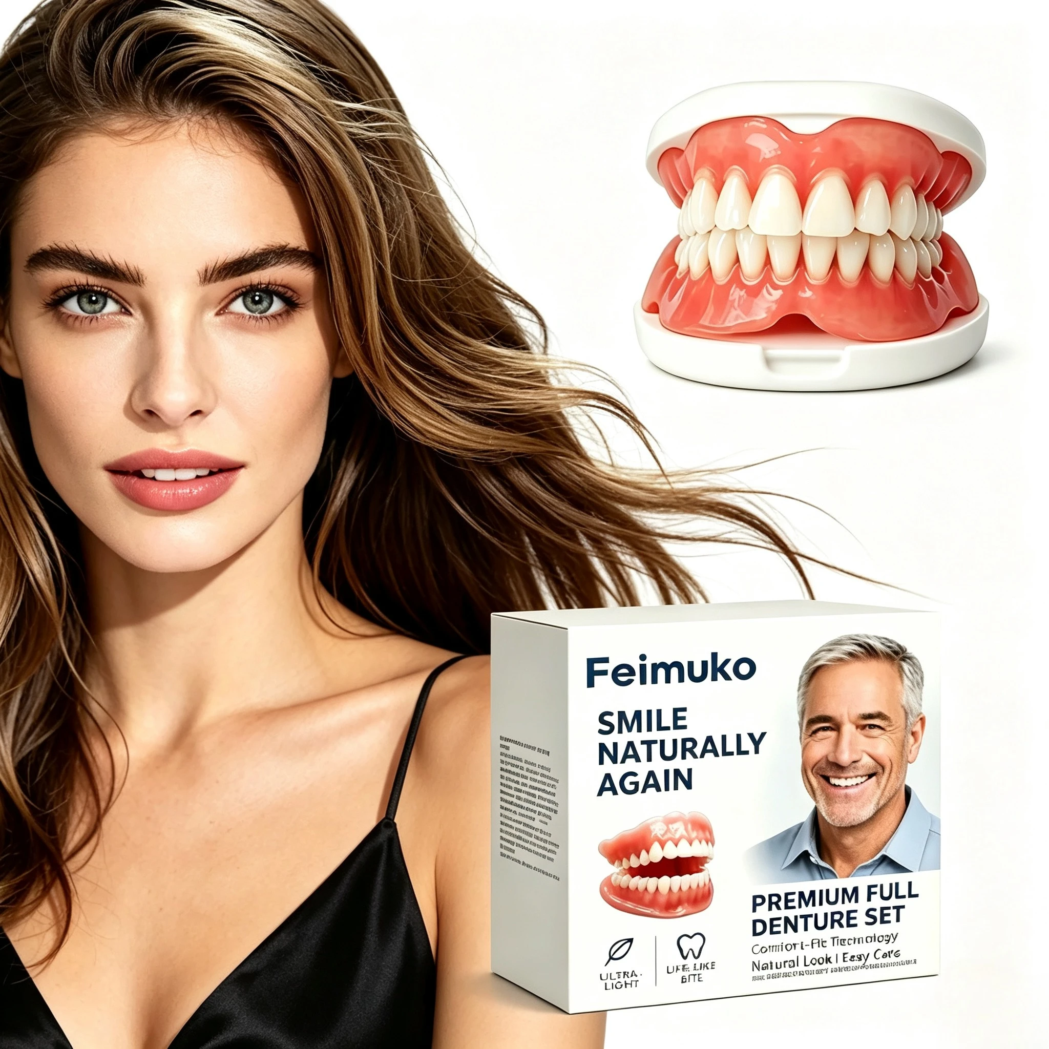 Silicone Dentures Full Set Upper Lower Fake Teeth Braces Instant Smile Oral Care for Men Women