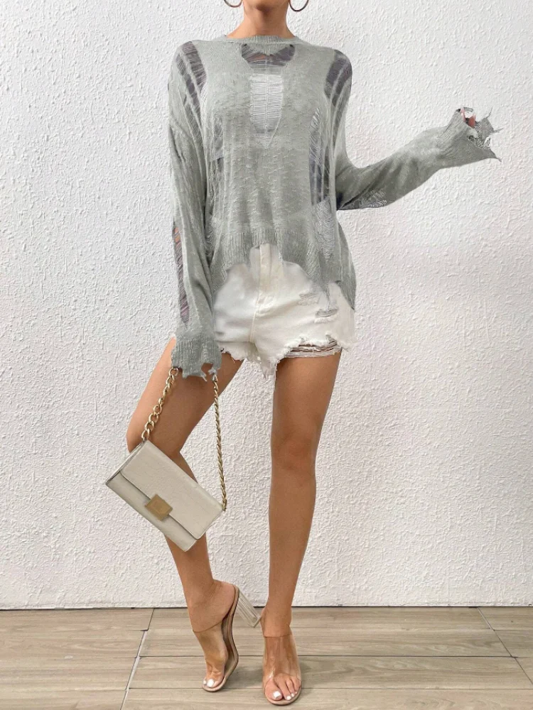 2024 New Hollow Out Round Neck Sweater Spring Summer Street Costume Casual Loose Korea Solid knitwear Beach Bikini Cover-up