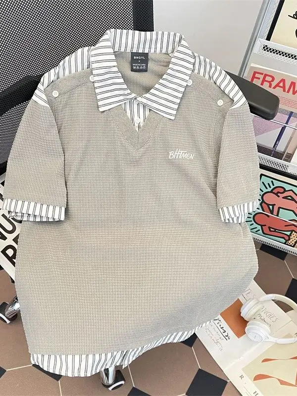 

2025 New Men's ort Sve T-irt irt Collar Patchwork Stripe Design Stand Fit Ciwalk Polyester Fiber Non-fading