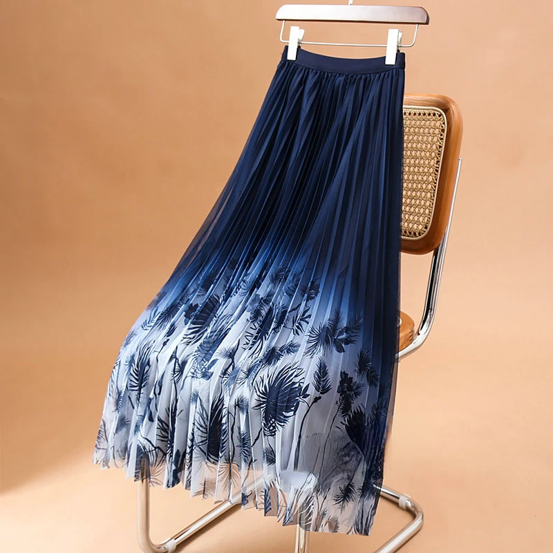 

2023 Y2k Fashionable Gradient Tulle Long Skirt Women Summer Vintage Print Mesh A Line High Waist Pleated Midi Skirt Female