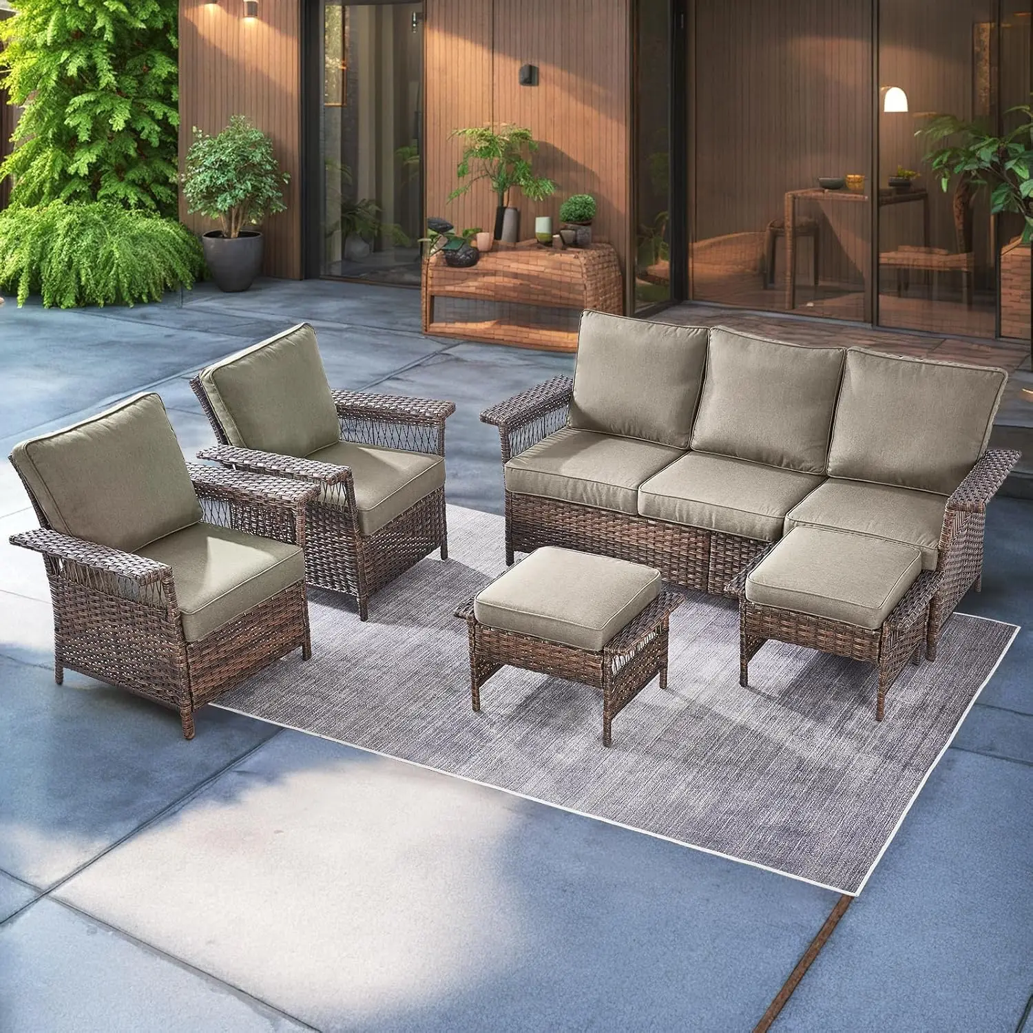 Outdoor Patio Furniture Set - 5 Piece Rattan Patio Conversation Sets with 2 Wicker Chairs,2 Ottomans and 1 Sofa for Porch Deck G