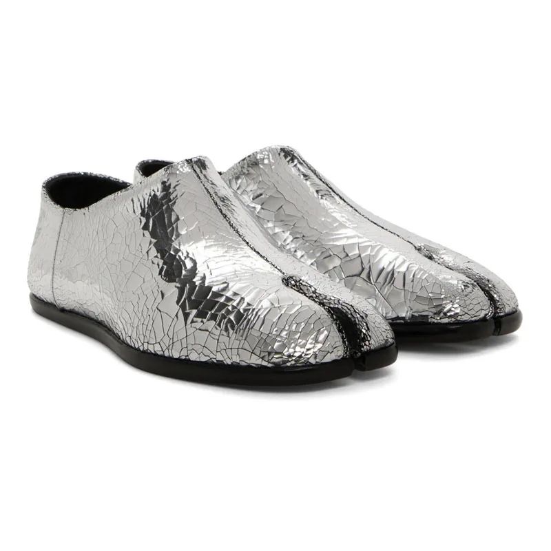 

2023 Fashion Men Silver Leather Loafers Shoes Cattlehide Men Split Toe Oxfords Slip On Lazy Flat Shoes Male Formal Party Shoes