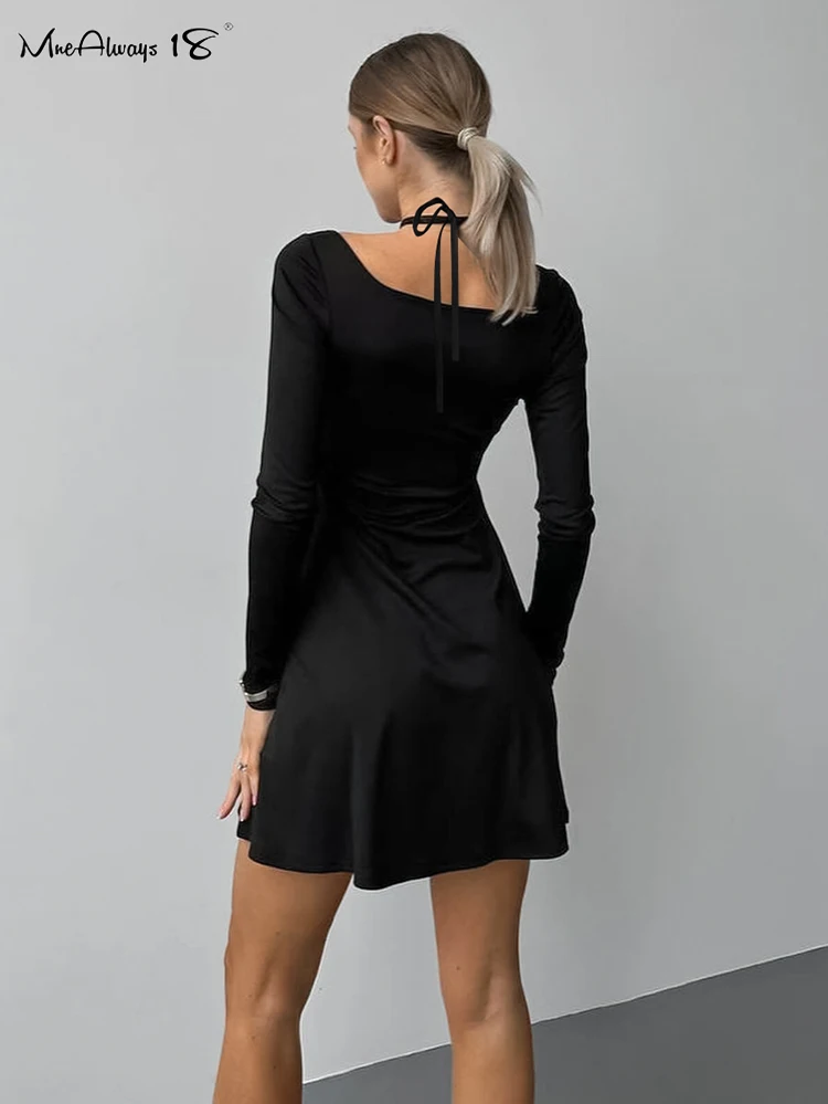 Mnealways18 White Square Collar Cross Sexy Party Dress Women Black A-Line Mini Evening Dress Long Sleeves Lace-Up Short Dresses