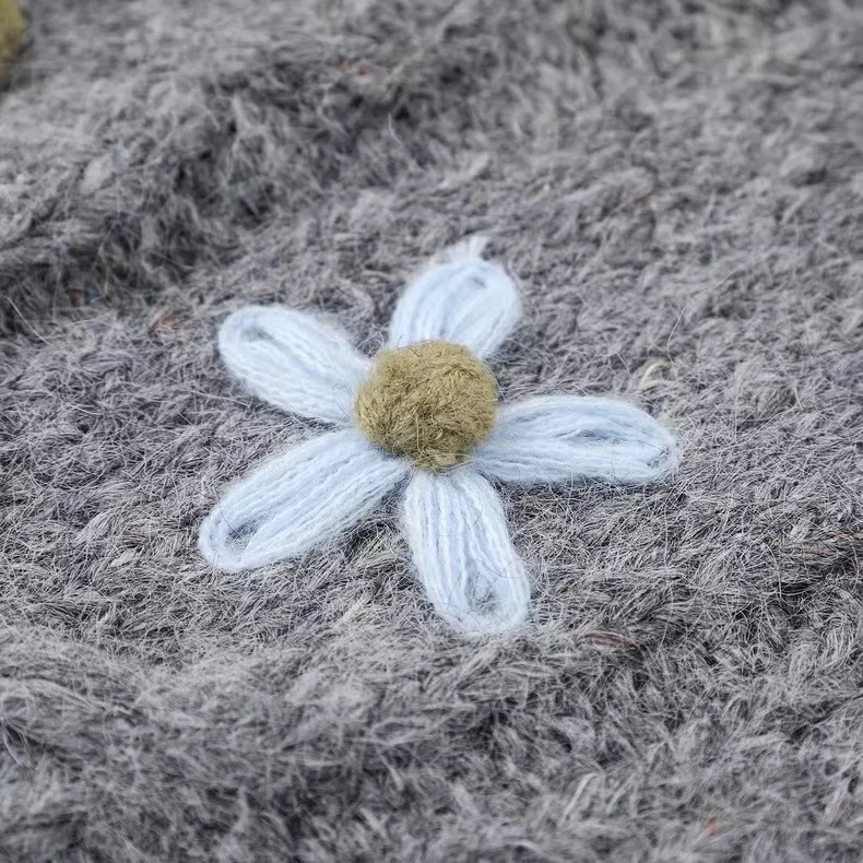 เสื้อไหมพรมปักลายดอกไม้สไตล์เรโทร สีน้ำเงินกรมท่า คอกลม สีเทา แนวฮาราจูกุ พรีปปี้ เสื้อคลุมคาร์ดิแกนสำหรับผู้หญิง เสื้อผ้าแฟชั่นฤดูหนาว