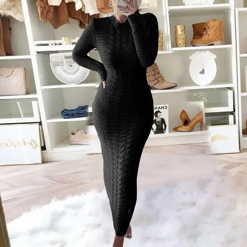 Fashion Twist Flower Round Neck Knitted Sweater Dress,Women\'s Autumn and Winter Solid Color Pullover Long-sleeved Dress,vestidos