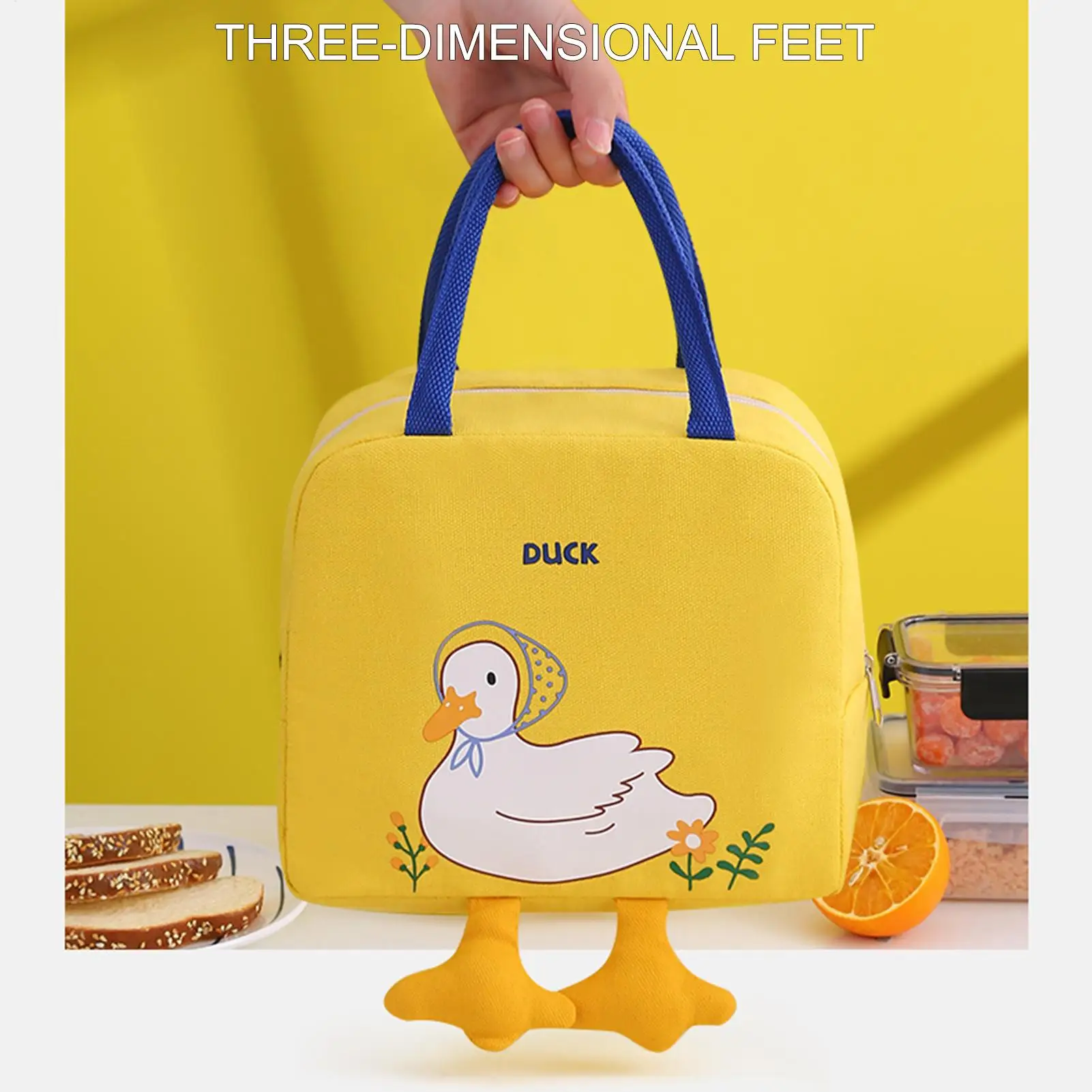 Cute Duck Patterns Canvas Lunch Box Large Capacity Wear-resistant Smooth Zipper Insulated Lunchbox For Students Office Workers