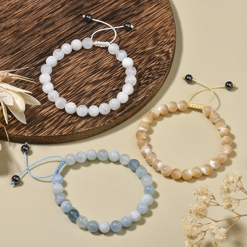 1p 8mm Rose Quartz Amethyst Sunstone Moonstone Braided Ajustable Beaded Bracelet Natural Gem Crystal Energy gift for men women