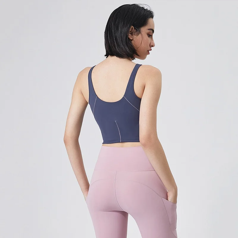 Mulheres Coração de Frango Pescoço U-Backless Crop Top com Logotipo, Colete Respirável, Alça Larga, Yoga Fitness, Corrida ao Ar Livre, Autêntico