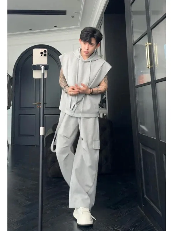 

Premium Casual Sportswear Set Men's Trendy Sleeveless Hoodie Workwear Overalls Long Pants Two-Piece Set Comfortable Breathable