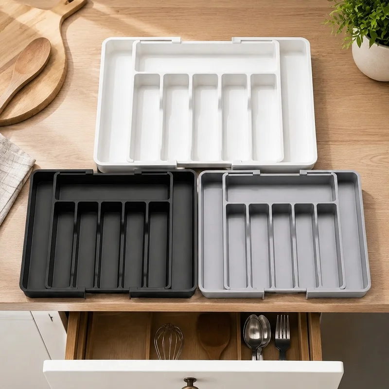 Adjustable Plastic Drawer Tray with Compartments for Neatly Storing Kitchen Knives, Spoons, and Utensils