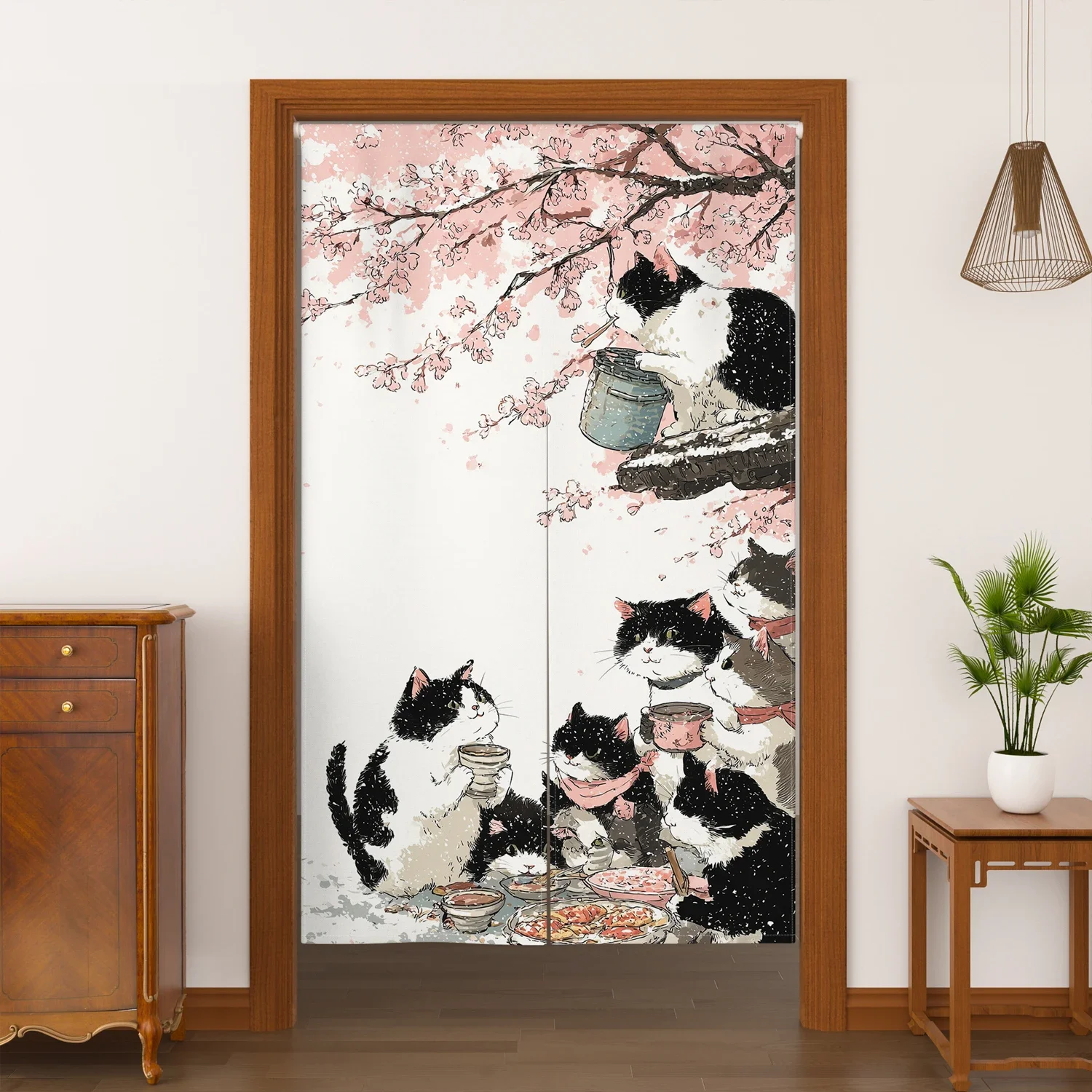 VIKAMA Japanese Ukiyo-e Cat Door Curtain Cherry Blossom Style Half-Panel Curtain Bedroom & Kitchen Room Divider Home Decor