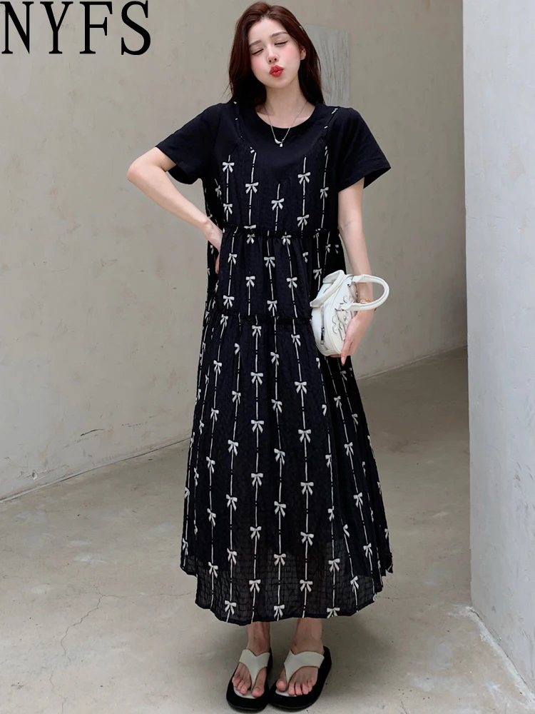 فستان نسائي مقاس كبير من NYFS لصيف 2025 فستان فضفاض بفيونكة مزيفة طويلة رداء Elbise بأكمام قصيرة على الطراز الكوري #1