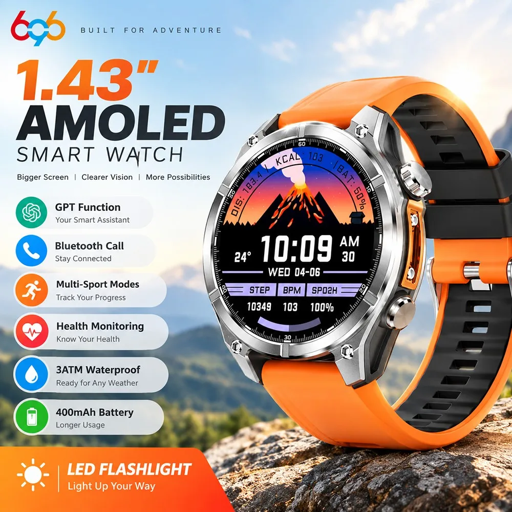 Men Outdoor Smartwatch with AMOLED Display  Barometer & Altimeter  3ATM Waterproof  BT Call  SOS Alert  Sports Health Tracker