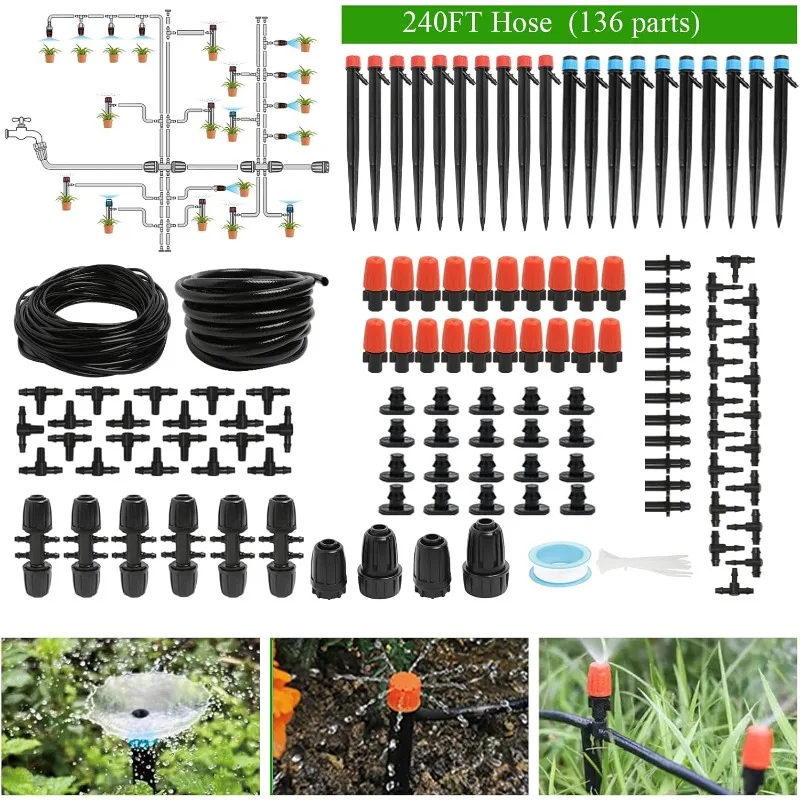 

240FT Drip Irrigation System Kit, Automatic Garden Watering Misting System for Greenhouse, Yard, Lawn, Plant with 1/2 inch Hose